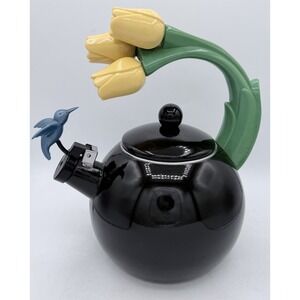 Vintage Ancona RARE Black Enamel Whistling Tea Kettle Tulip & Hummingbird 90s